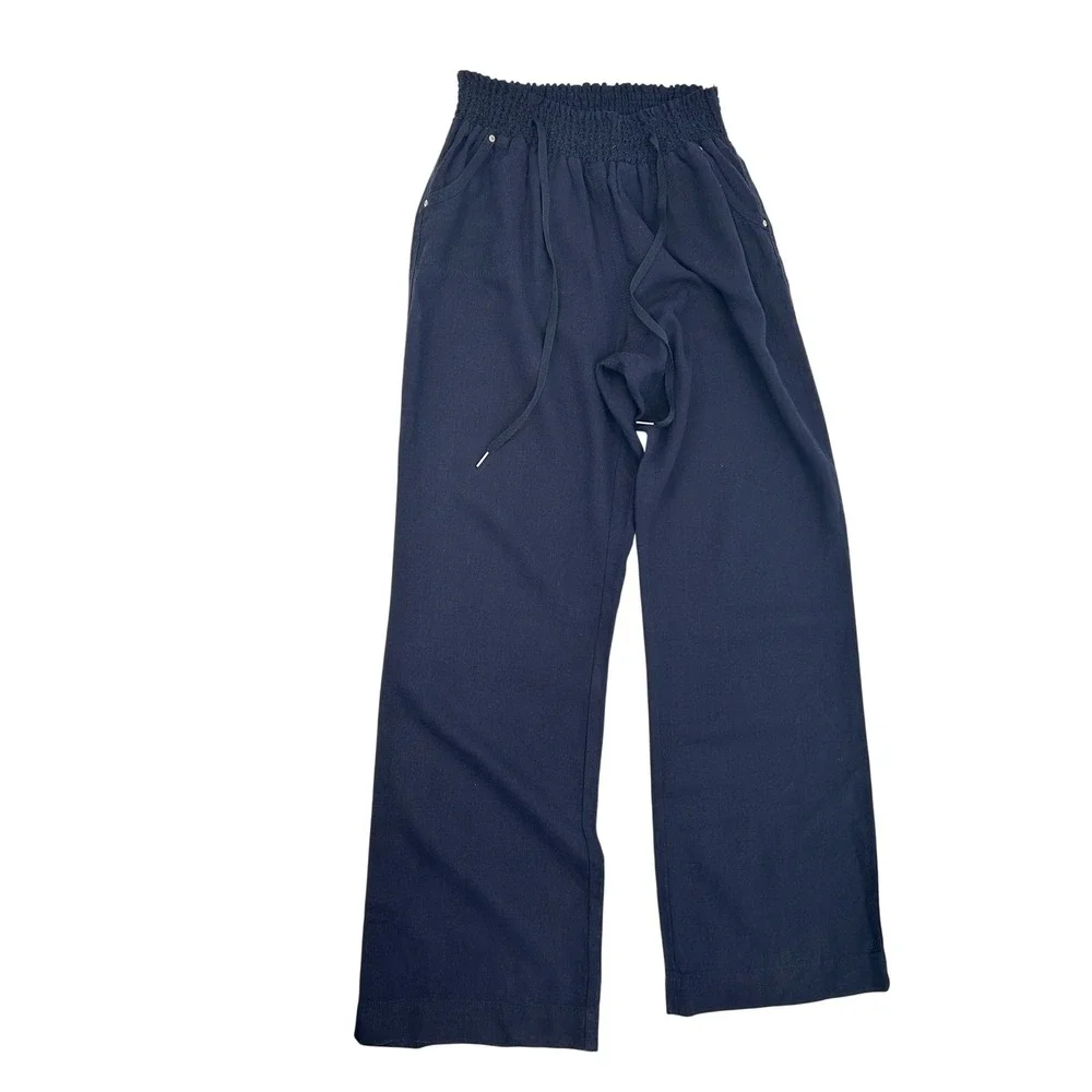 Ci Sono Navy Linen Blend Pants Wide Leg Pull On Casual Large coastal relaxed - Picture 5 of 7